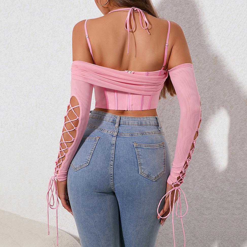 Mesh Suspender Top, European and American Sexy Off-the-shoulder Backless Pleated Splicing Hollow Long-sleeved Fishbone Top