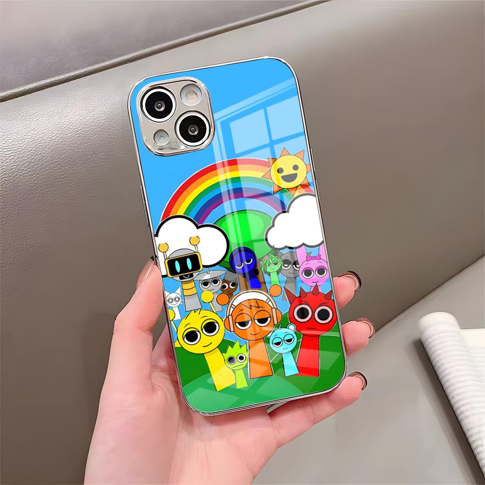 Kreslený herný obal Sprunki na telefón pre iPhone 17 Pro Max 15 Pro 16 14 Plus 12 13 Mini 11 Pro Nárazuvzdorný galvanicky pokovovaný sklenený kryt