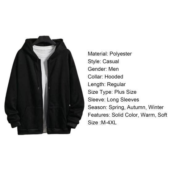 Men Coat Solid Color Hooded Hat Cardigan Soft Drawstring Thick Plus Size Casual Zip Up Winter Jacket Men Clothes