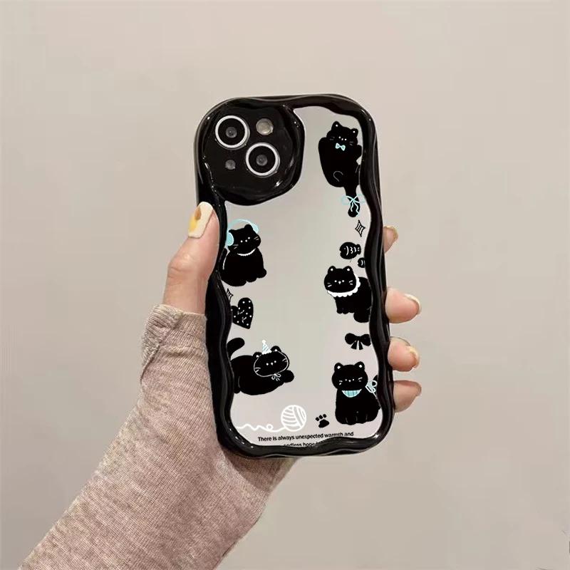 Cute Mirror Black Cat Lanyard Chain Case For Xiaomi Redmi 15 15C 14C 13C 12C 13 12 A5 Note 12 13 14 Pro Plus 5G 11S 10 11 Pro 4G