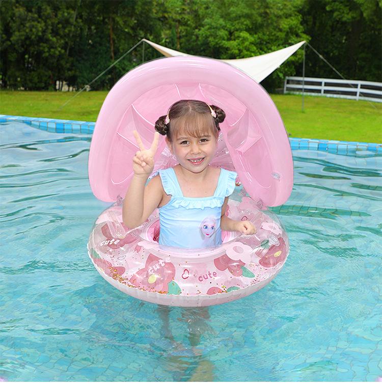 Internet Famous Cartoon Kids Swim Seat Ring Anti Rollover Thickened PVC Inflatable with Canopy Pocket for Water Entertainment