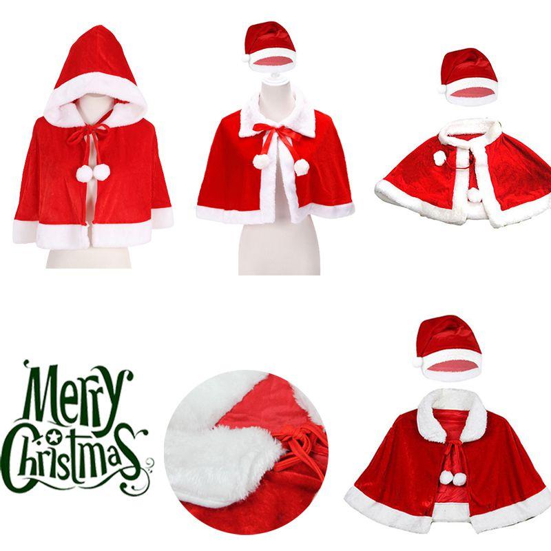 Xmas Red Velvet Santa Claus Hooded Cloak With Hat For Kids Adults