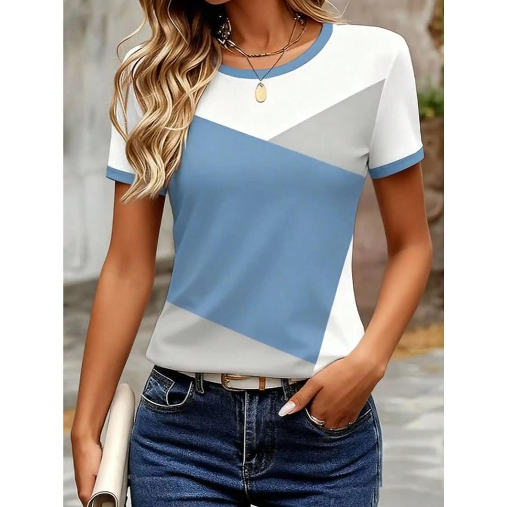 Women's Casual Round Neck T-Shirt with Hand-Drawn Puppy Doodle Print, Short Sleeve Summer Top