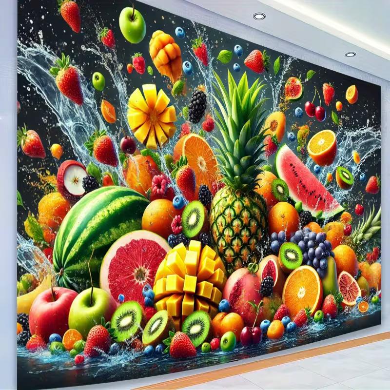 Tropical Fruits Water Splash Tapestry, Pineapple Watermelon Background Cloth, Kitchen Wall Decor