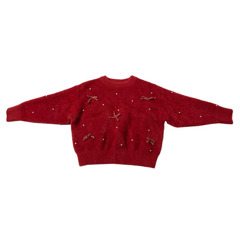 Meng Tang Tang 2025 Winter Girls' Mink Velvet Knit Sweater - Korean Style New Year Outfit