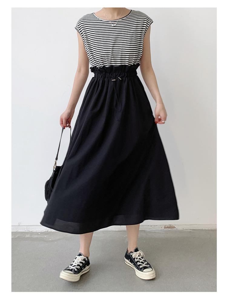 Women Summer High Waist Loose Patchwork Bud Dress Japanese Style Flowy Comfortable Dress Lightweight High Recognition Elegant Flattering Chic Dress