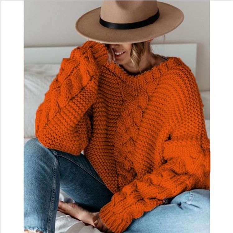 European & American Autumn/Winter V-Neck Cable Knit Loose Sweater - Solid Color Casual Knitwear