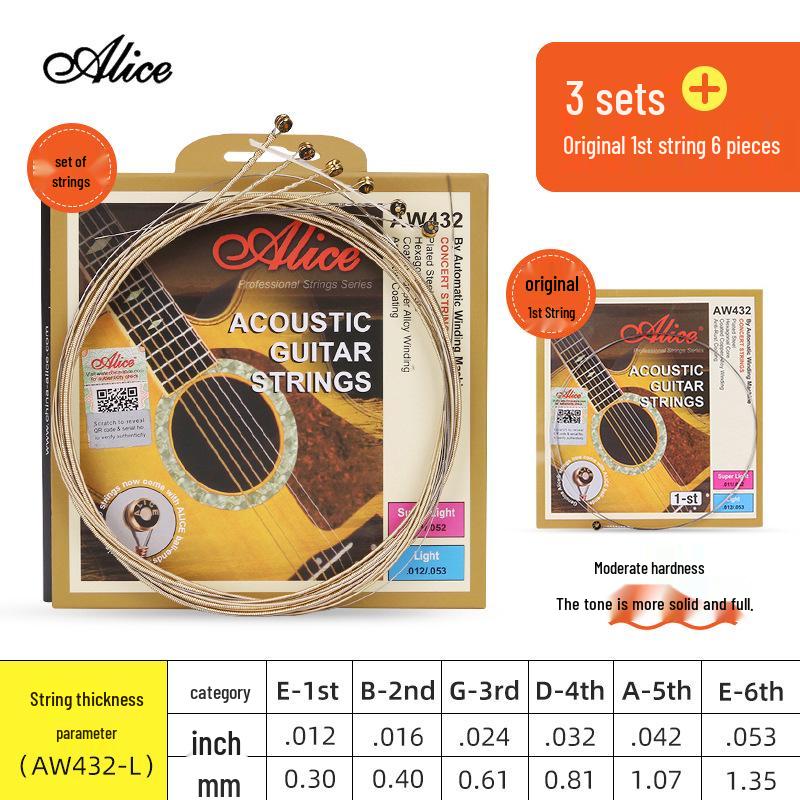 Corde per Chitarra Acustica Alice Folk - Set Completo da 6 (Corde 1ª, 2ª, 3ª come Singole)