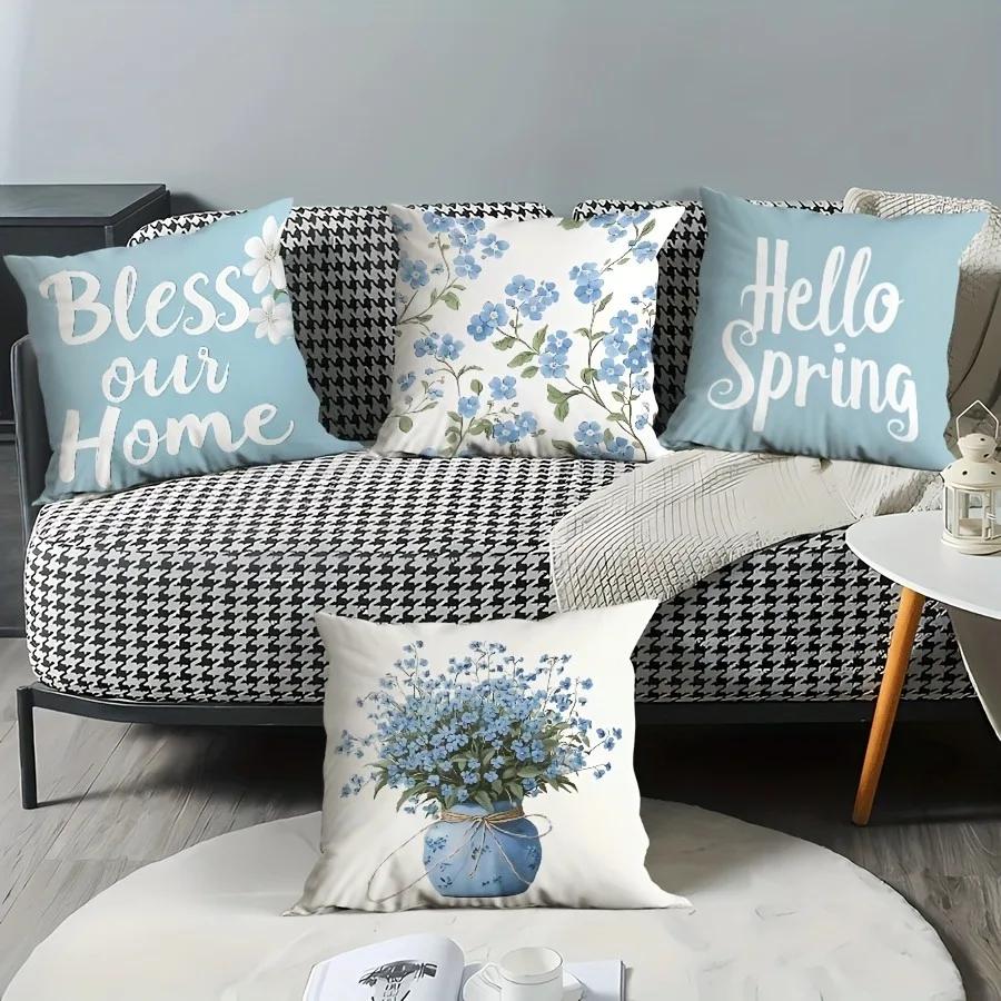 4Pc Light Blue Spring Blessing Pillowcasebedroom Living Room Sofa Home Decor Polyester Cushion Cover With Zipper