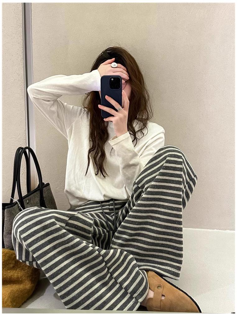 2025 Spring European Style Striped Wide-Leg Plus Size Women's Casual Floor-Length Pants