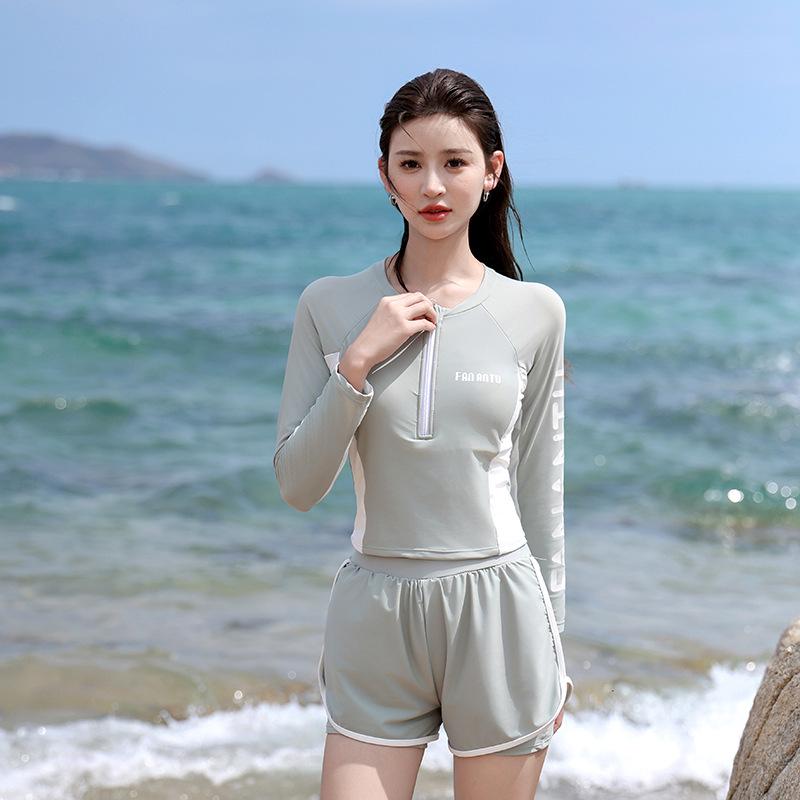 

Корейский солнцезащитный раздельный купальник на молнии: Консервативный, Утягивающий, Пляжная одежда с длинным рукавом для женщин M серый