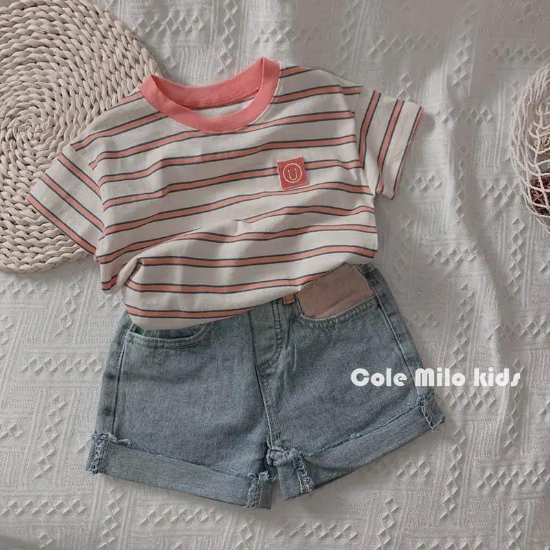 

Versatile Linen-Cotton Striped T-Shirt for Boys & Girls – Short Sleeve, Korean Style, Loose Fit, Color Block Design, Summer Fashion Top. 100cm красный