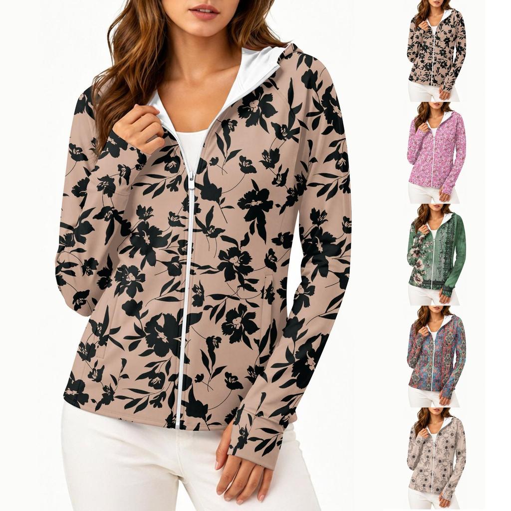 Women Lightweight Zip Up Hooded Jacket Long Sleeve with Pockets Printed Sun Protection Outerwear for Outdoor Activities