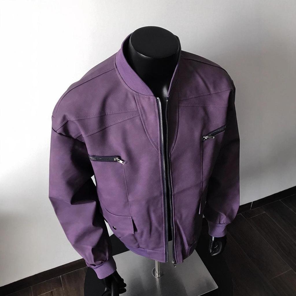 2025 Men's American Vibe Purple PU Leather Streetwear Jacket with Retro Zippers - Loose Fit