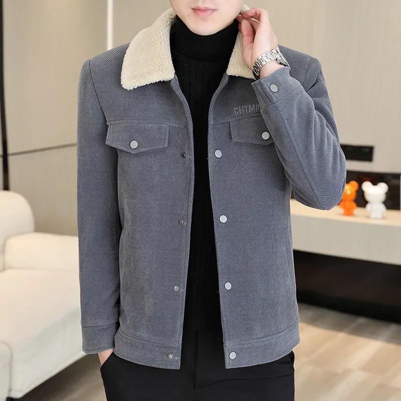 Men's Autumn and Winter Lapel Jacket, Solid Color Sheepskin Woolen Coat with Fur Collar and Fleece Warm Middle-aged Jacket