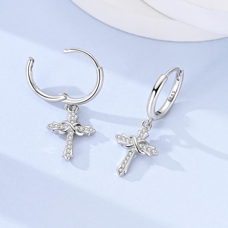 925 Silber Klassischer Zirkon Kreuz Anhänger Creolen für Damen Schmuck Geschenk