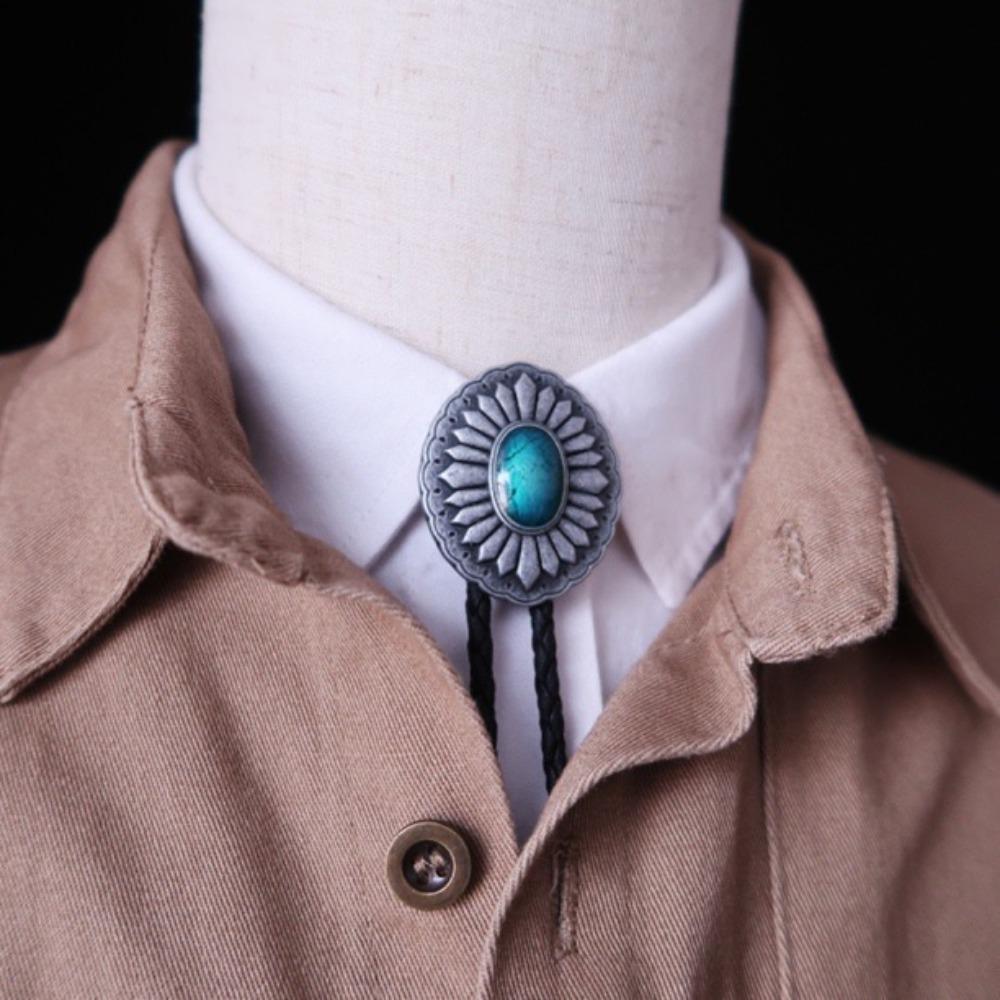 PU Woven Rope Turquoise Bolo Tie Western Country Style Brass Carved Flowers Necktie Gift