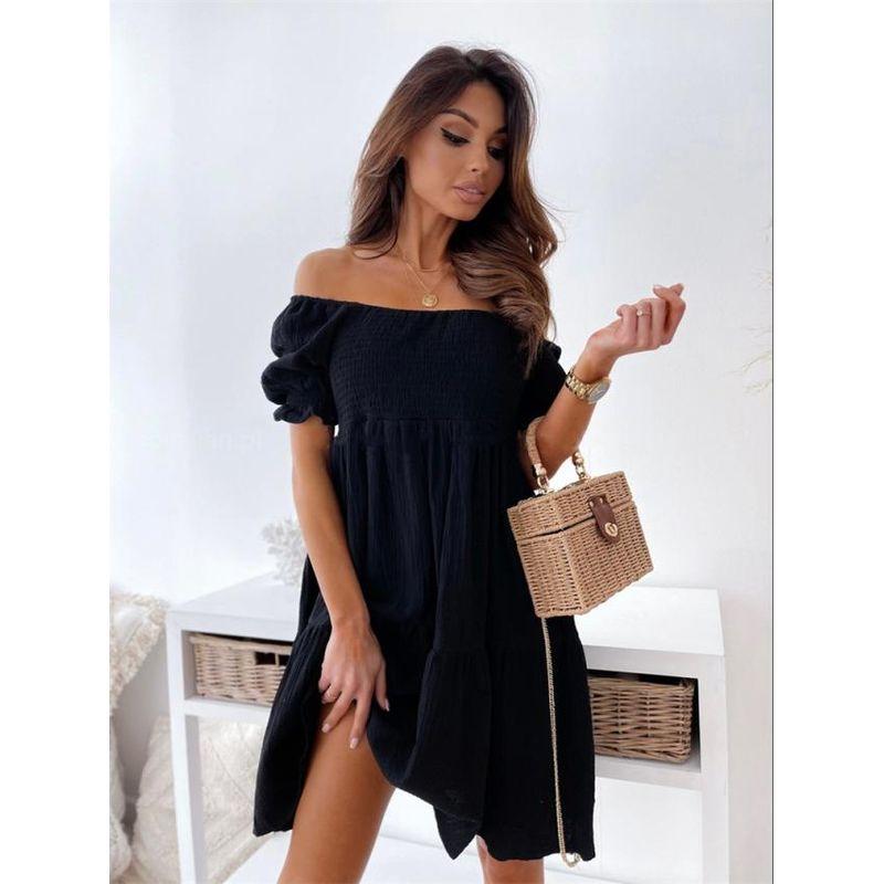 Short White Sweet off-Shoulder Collar Elastic and Waisted Ruched A- line Short Sleeve Dress Girl's Dress Dress