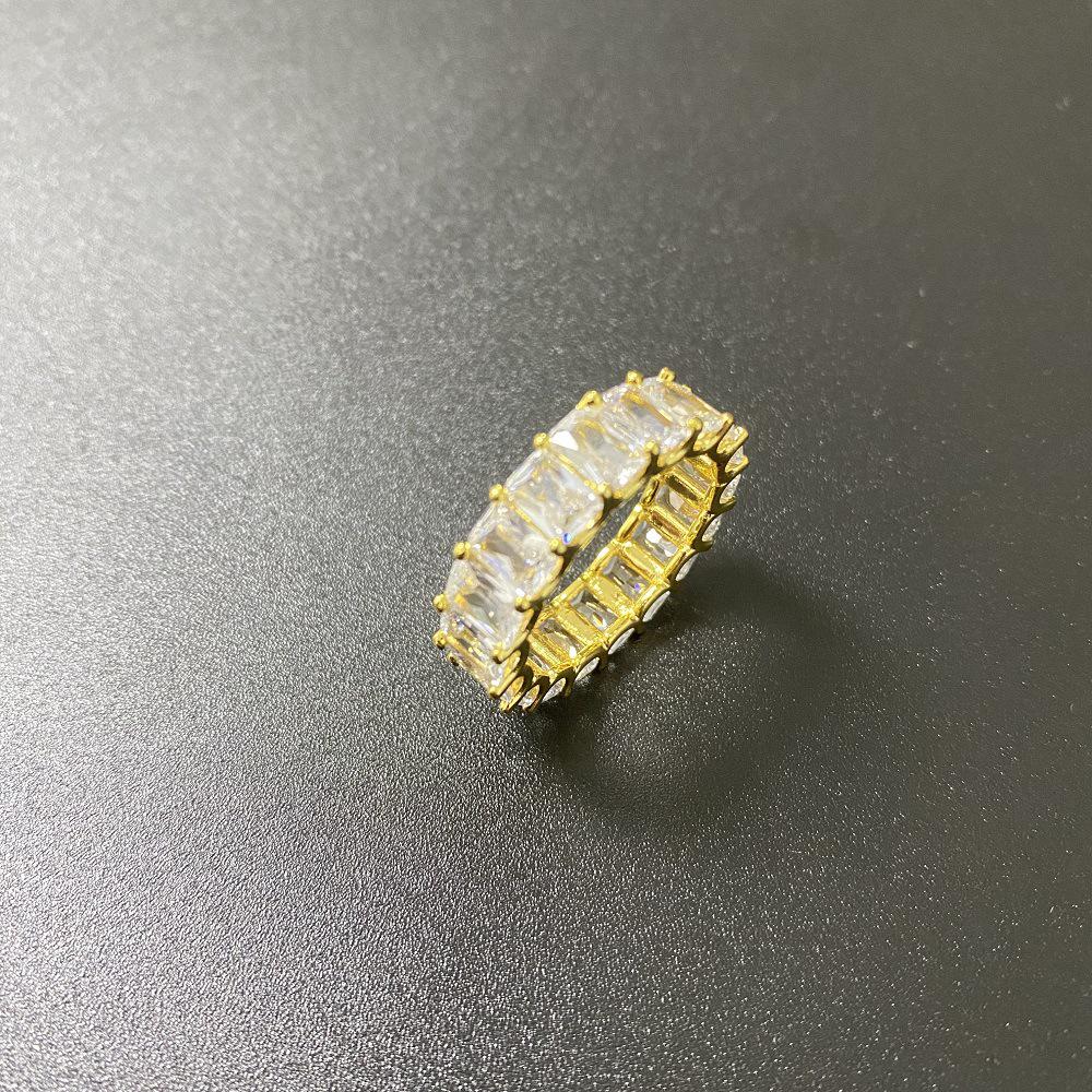 T-Shaped 6mm Zircon Single Row Hip-Hop Square Diamond Ring, Real Gold Plated Unisex Couple Ring.