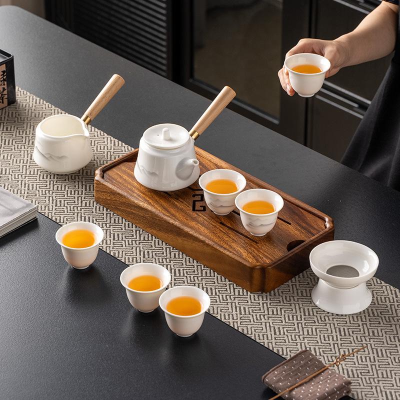 Suet Jade White Porcelain Side Handle Pot Kung Fu Tea Set High-end Home Tea Art Office Simple Teapot Teacup