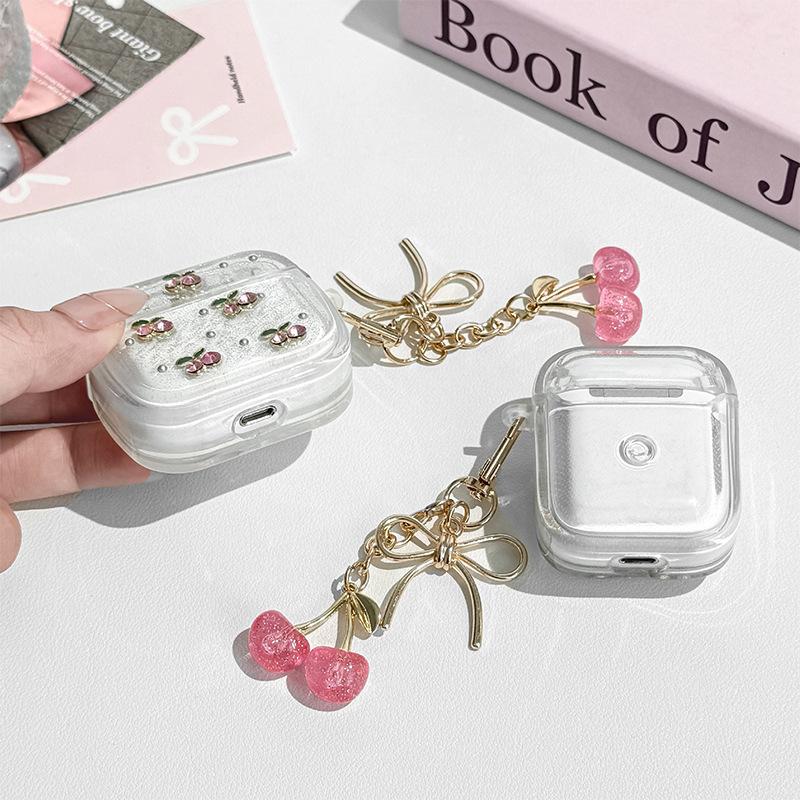 Silver Bead Glitter Powder Small Fresh Cherry Bluetooth Headset Case Is Suitable For Apple Airpodspro3 Japanese Women'S Models