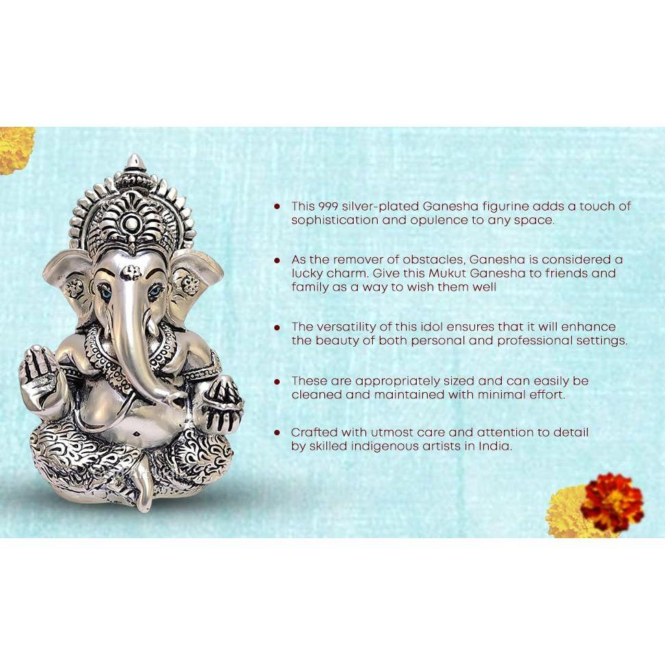 Matte Silver Plated Antique Mukut Ganesha - 3.5" - Perfect for Gifting, Home Decor, Car Dashboard Murti Ganpati Idol for Home Decor