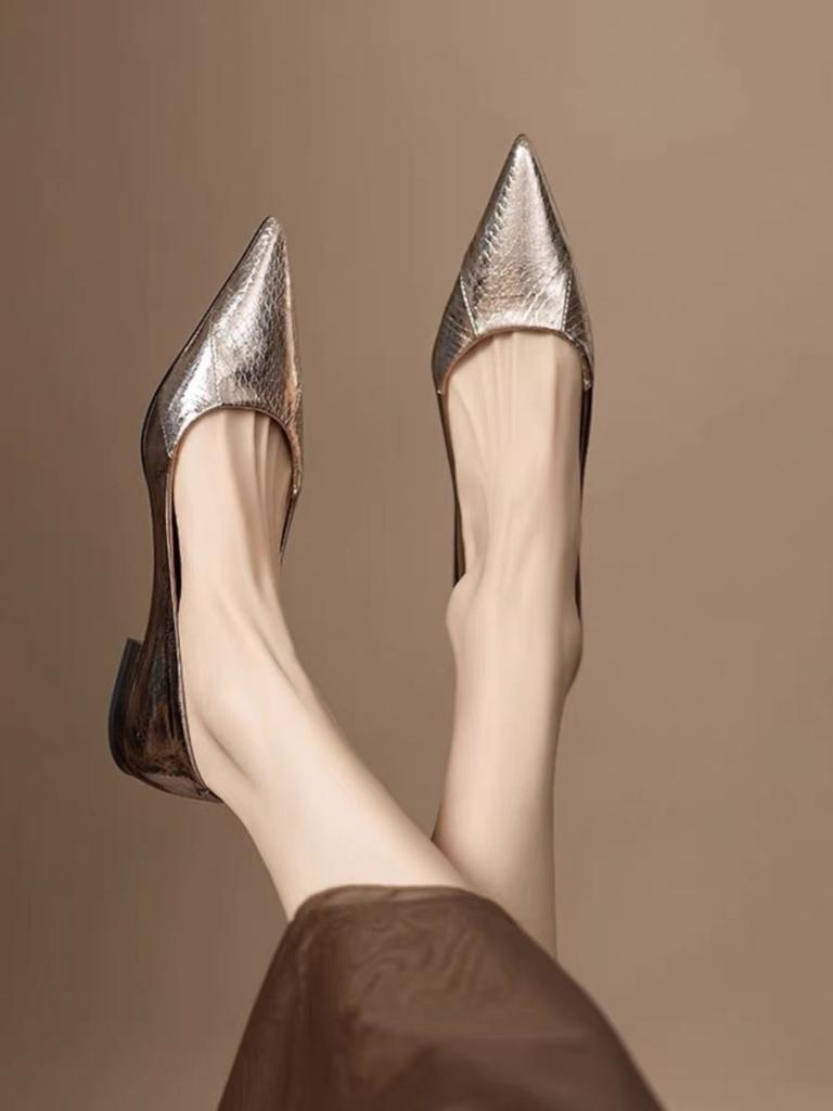 2025 spring and summer new leather pattern pointed head low heel flat shoes light mouth four seasons versatile women's shoes silver temperament single