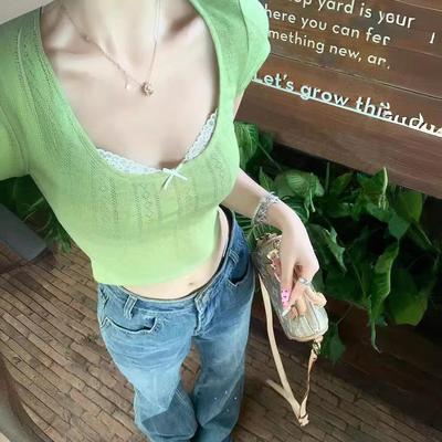 Camiseta de manga corta para mujer con superposición de encaje verde
