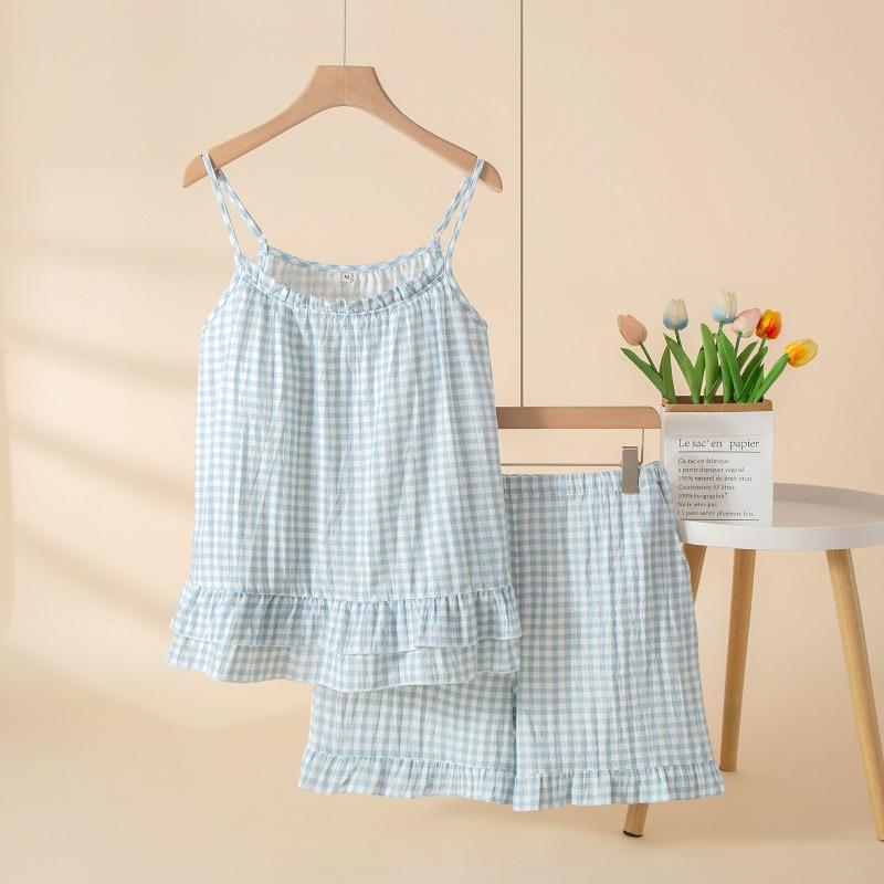 Women 100 Cotton Plaid Camisole Shorts Pajama Set With Chest Pad Summer Homewear