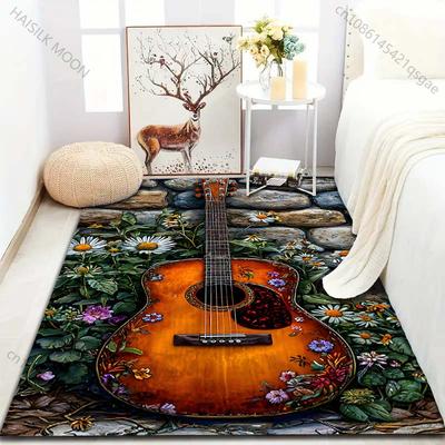 Gänseblümchen und Gitarrenmuster Teppich für Schlafzimmer Wohnzimmer Bettseite Sofa Bodenmatte Moderne Heimdekoration Bereichsteppich für Geschenke