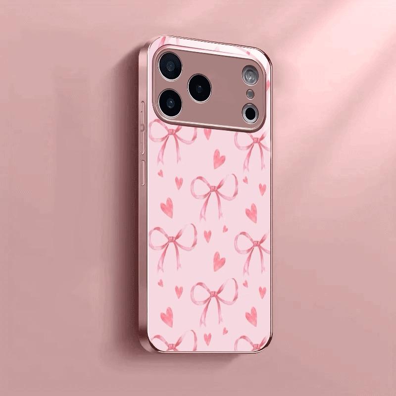Fashion Pink Heart Bow Pattern Pink Metallic Glass Phone Case For iPhone 17 16 15 14 13 12 11 Pro Max 15 14 Plus 17Air 16E Cover