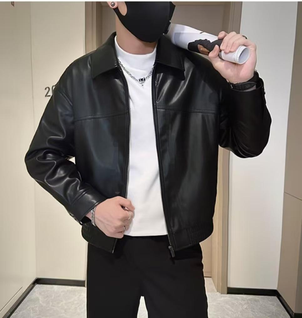 Men's regular men's leather jacket solid color versatile pu new spring and autumn simple locomotive leather jacket