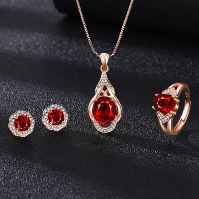 2025 Ruby Diamond Jewelry Set Flower Design Ring Earnail Pendant Necklace