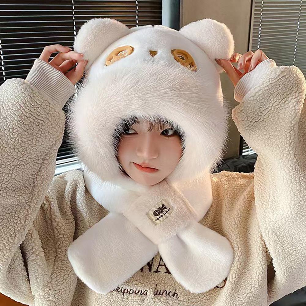 Casual Plush Winter Warm Hat Windproof Cartoon Panda Ear Protection Hat Neck Warmer Thickened Beanies Cap for Women Girls