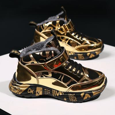 High Top Plush Winter Sneakers For Boys Luxury Gold Glitter Kids Designer Sneakers Comfortable Leather Children's Sports Shoes