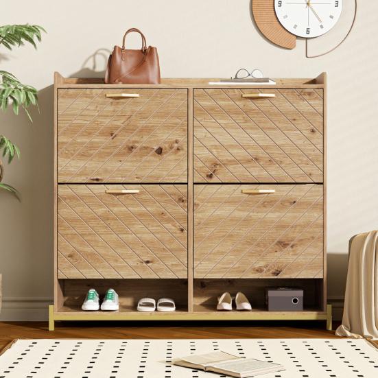 Modern Shoe Rack in Wood Look, 4-Door Shoe Cabinet, Space-Saving Shoe Cabinet for Entrance Areas, Hallways, or Corridors, Sturdy and