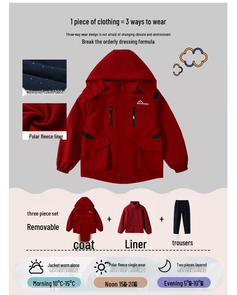 Children's 3-in-1 Ski Suit: Detachable Outdoor/Class Uniform for Primary & Kindergarten