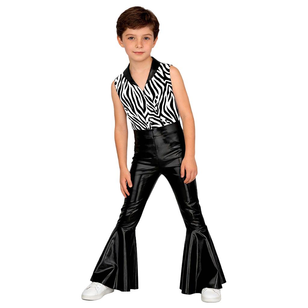 Kids Metallic Shiny Sleeveless Jumpsuit with Print Patchwork and Flared Pants for Boys Disco Halloween Party Outfit