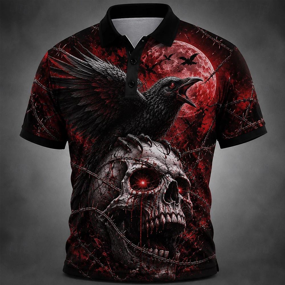 Men Halloween Skeleton 3D Printed Short‑Sleeve Collared Polo Shirt Buttons Casual Athleisure Spring Summer Daily Festival Outfit