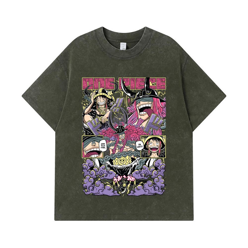 275 GSM Washed T-shirts 100% Cotton One Piece V50 Luffy Loki Print Unisex Heavy Cotton T Shirt