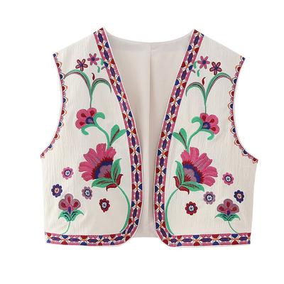 Women Vintage Floral Embroidered Open Waist Coat Ladies National Style Vest Jacket Outfits Casual Vacation Crop Top