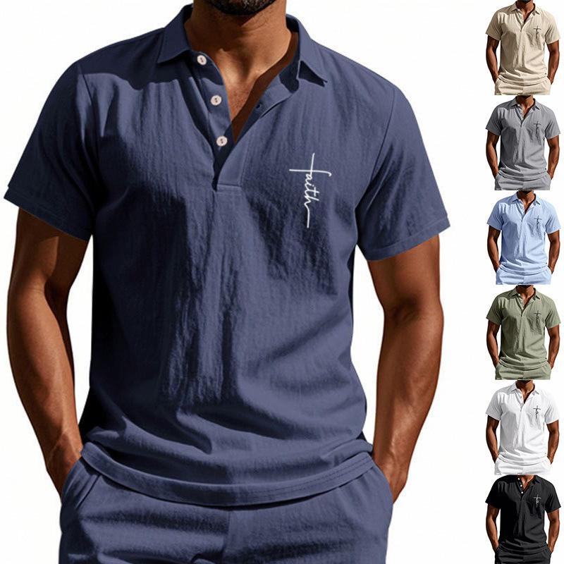 

Men s Summer Solid Color Cross-Printed Linen Polo Shirt Collared Short-Sleeved Loose Casual T-Shirt XXXL