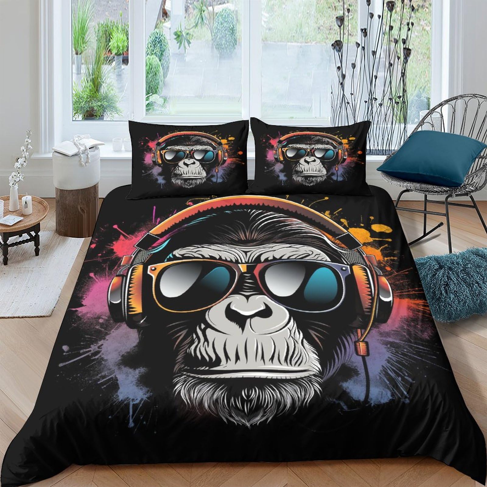 

3D Gorilla Duvet Cover Headphone Gorilla Bedding Set Wild Animal Pattern Comforter Cover Watercolor Blue Polyester Quilt Cover EU Single(135x200cm)