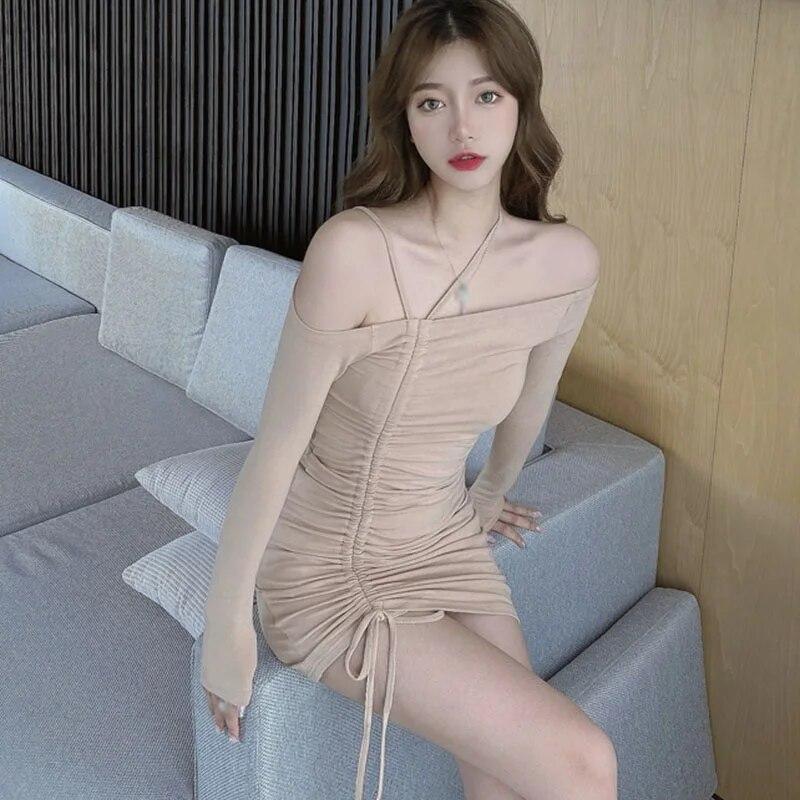 Damen-Kleid mit Slash-Ausschnitt, hängendem Hals, Kordelzug, einfarbig, langärmelig