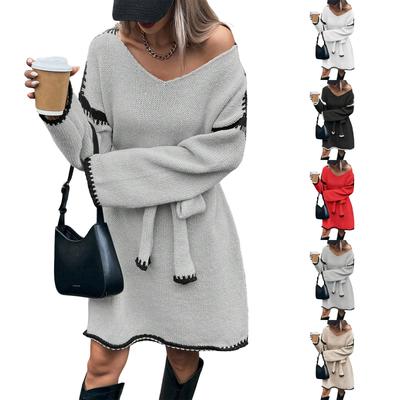 Vestido Midi de Punto Holgado a la Moda para Mujer con Cinturón de Corbata y Cuello en V