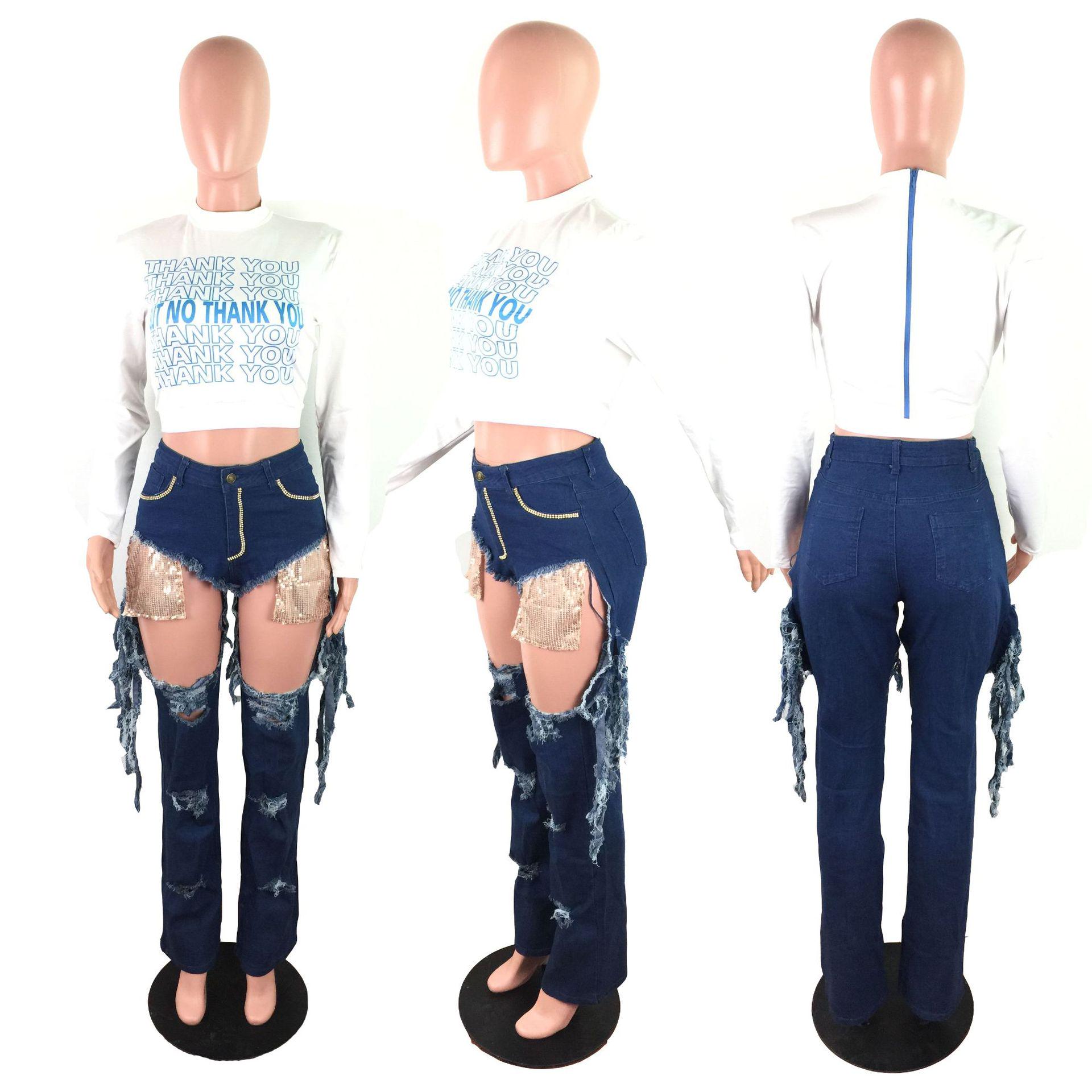 

Women s Fashion Ripped Rhinestone Tassel Hip-Lifting Jeans Large темно-синього кольору