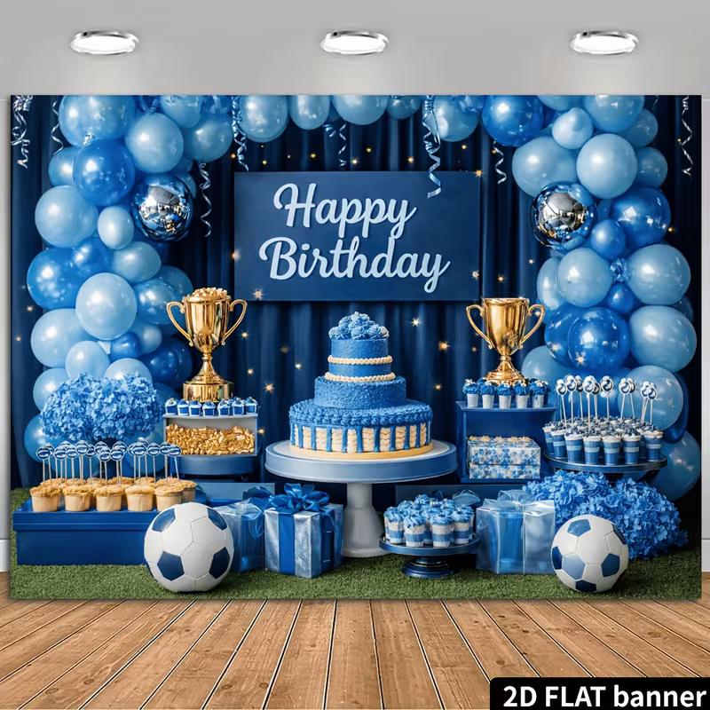Sfondo 2D Buon Compleanno Calcio Pallone Blu Erba Striscione Fotografico