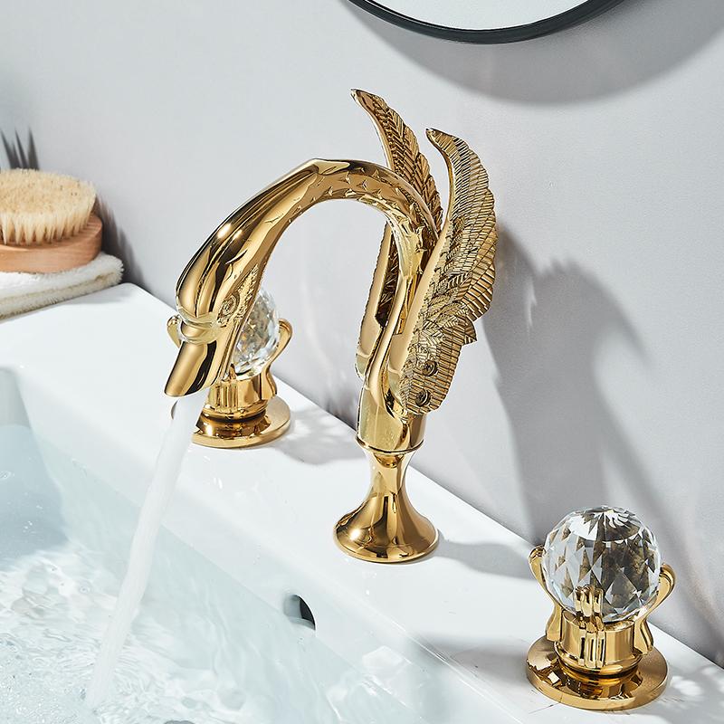 Wanmivezlo Gold Swan Basin Faucet Luxury Deck Mounted Dual Crystal Handle Bathroom Mixer Tap Cold and Hot Water Mixer Faucet