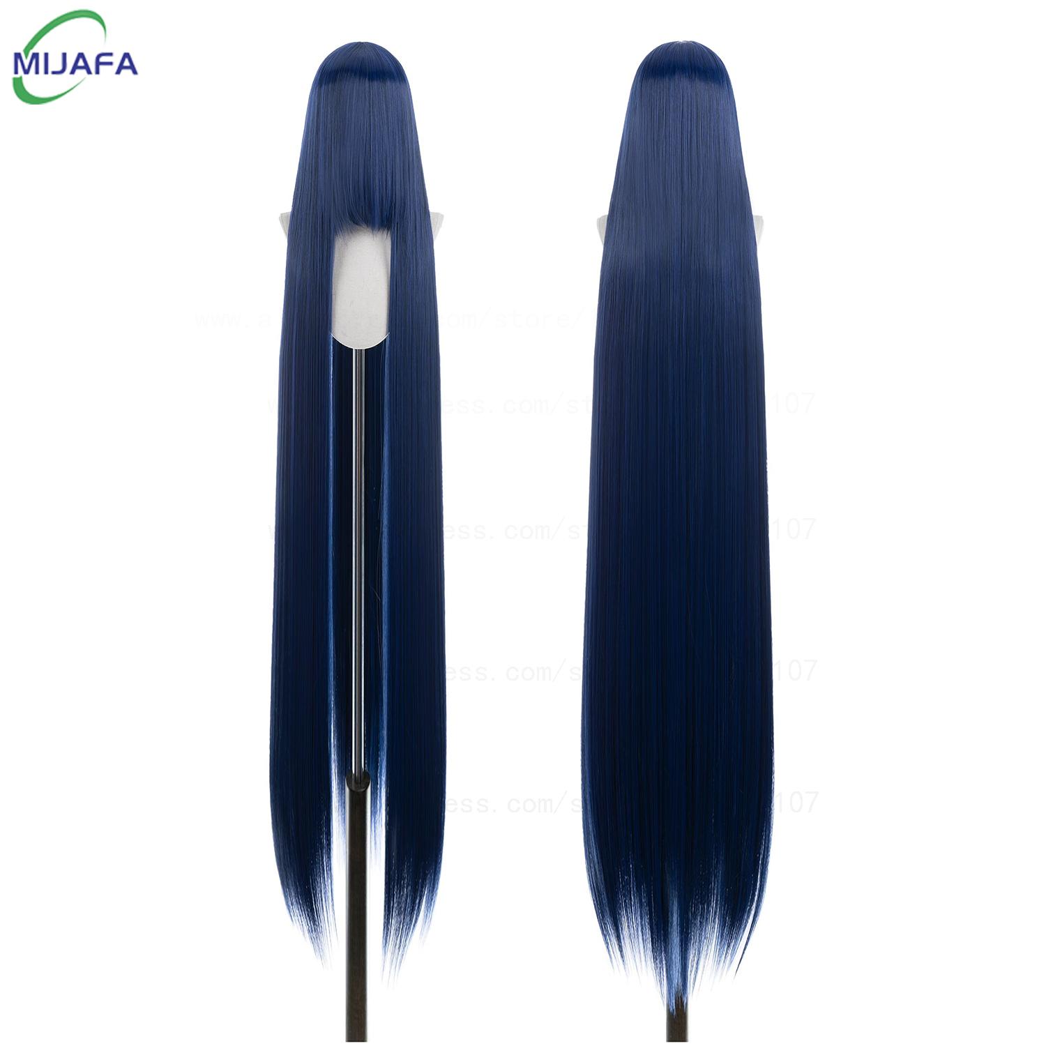 700g Hohe Qualität 59  150cm Lang Gerade Cosplay Perücke Mit Pony Blond Braun Rot Grün Blau Hitzebeständige Haarfarben Anime Perücken blue