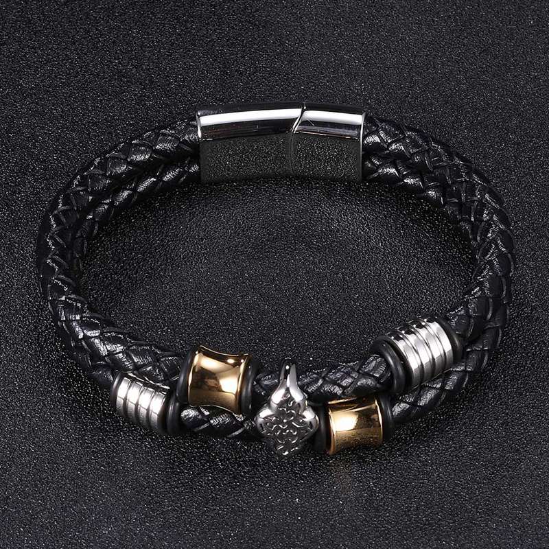 New Woven Leather Rope Wrapping Special Style Punk Stainless Steel Men's Leather Bracelet Double-Layer Design